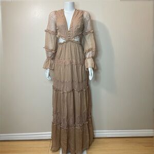 Maxi Lace Tiered Cutout Dress in Taupe